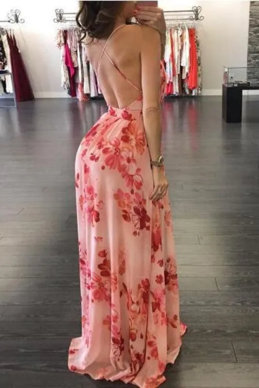 Floral Print Pleated Backless Slip Prom Sexy V Neck Party Dress