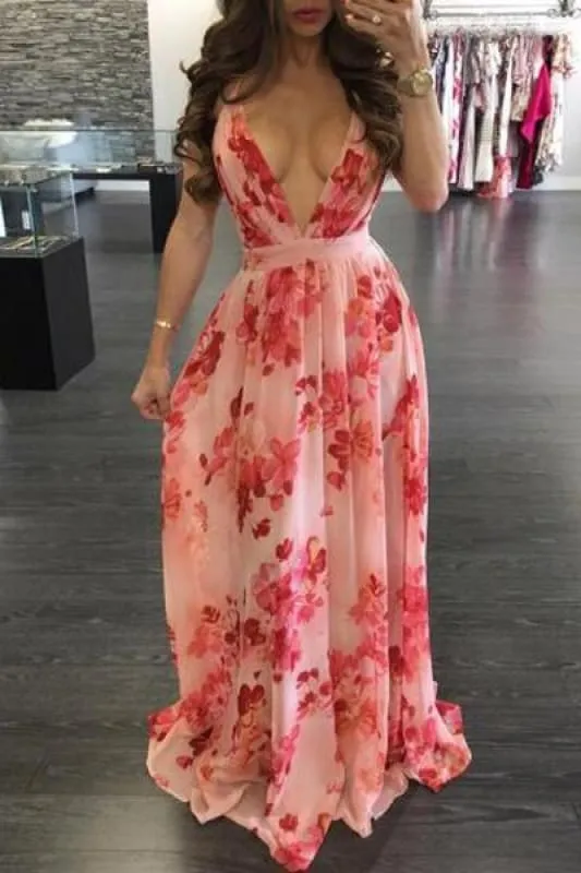 Floral Print Pleated Backless Slip Prom Sexy V Neck Party Dress