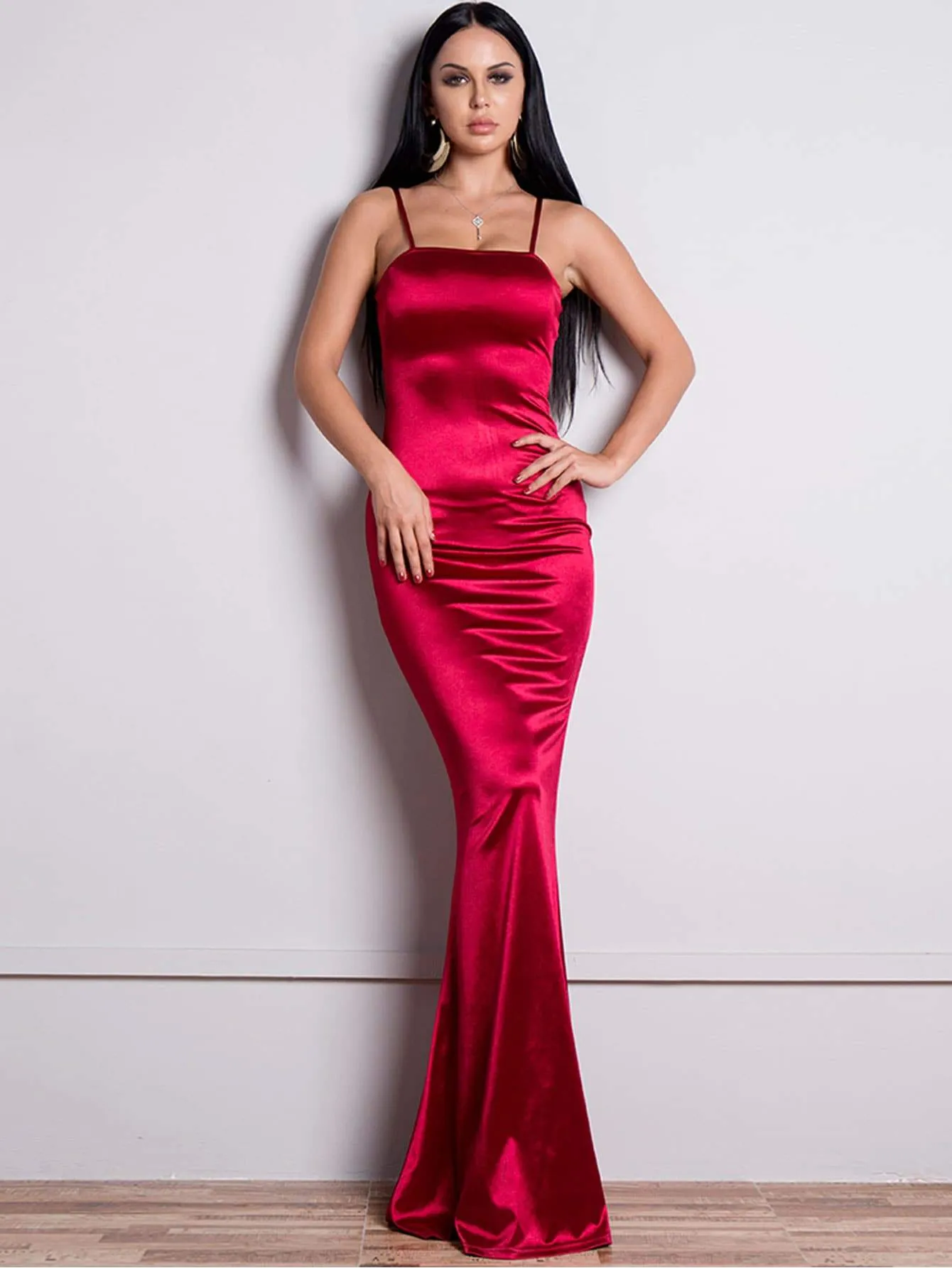 Missord Zip Back Floor Length Satin Slip Dress