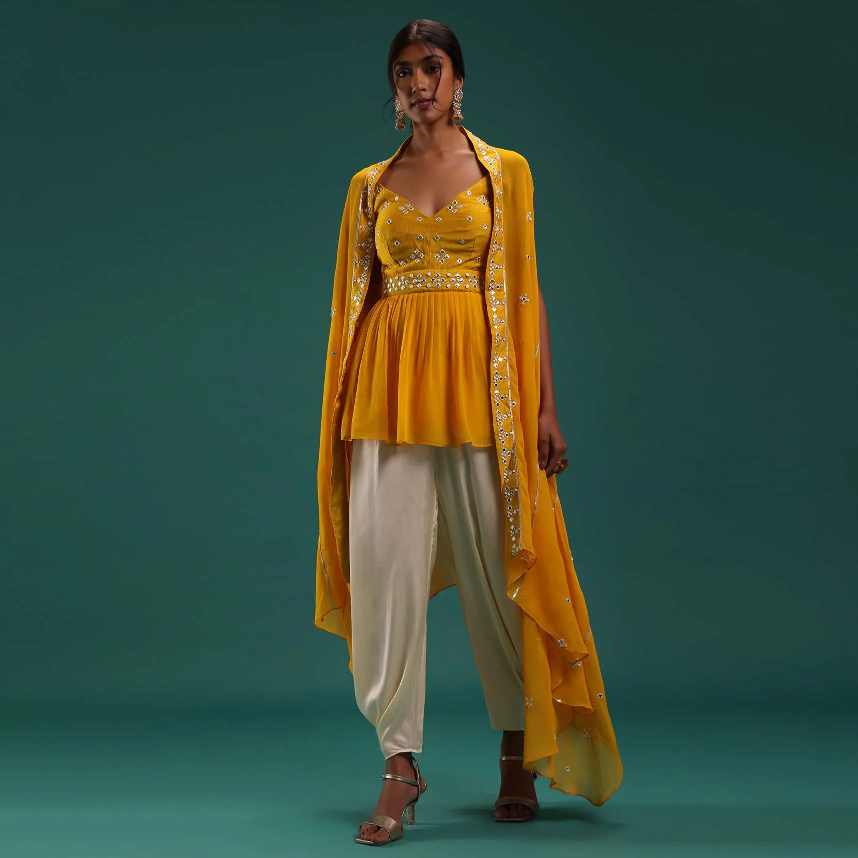 Mustard Yellow Peplum Top And Dhoti Set With Abla Work