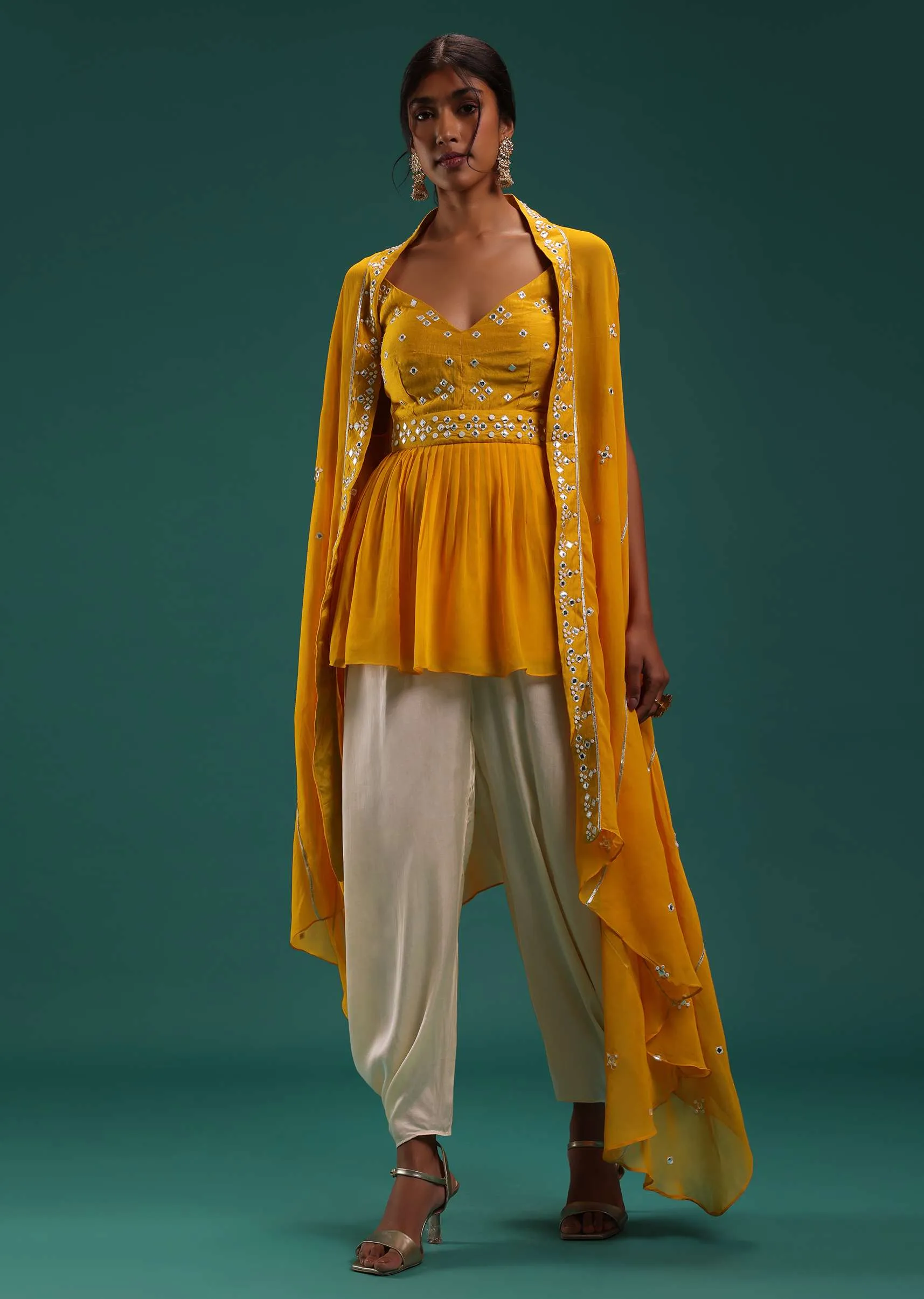 Mustard Yellow Peplum Top And Dhoti Set With Abla Work