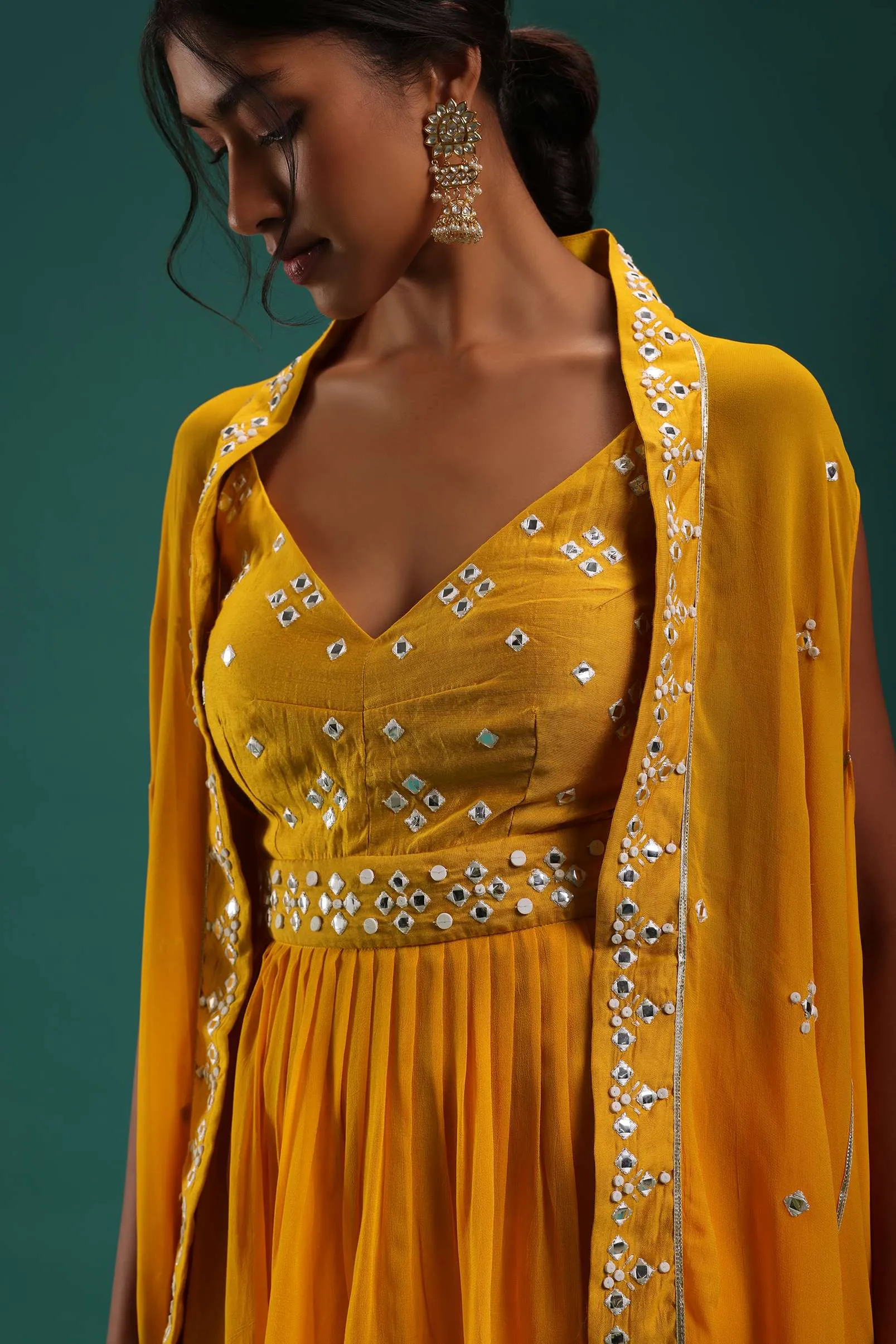 Mustard Yellow Peplum Top And Dhoti Set With Abla Work