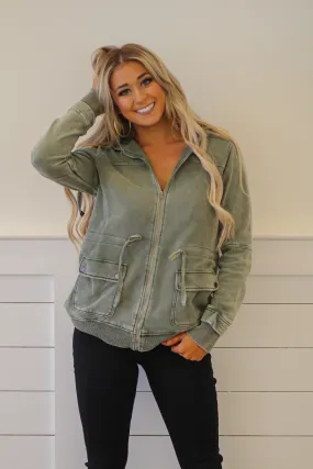 Olive French Terry Cargo Hooded Jacket