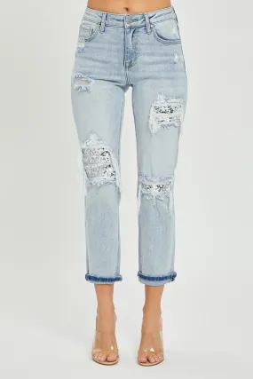 Risen MidRise Sequin Patch Tapered Jeans