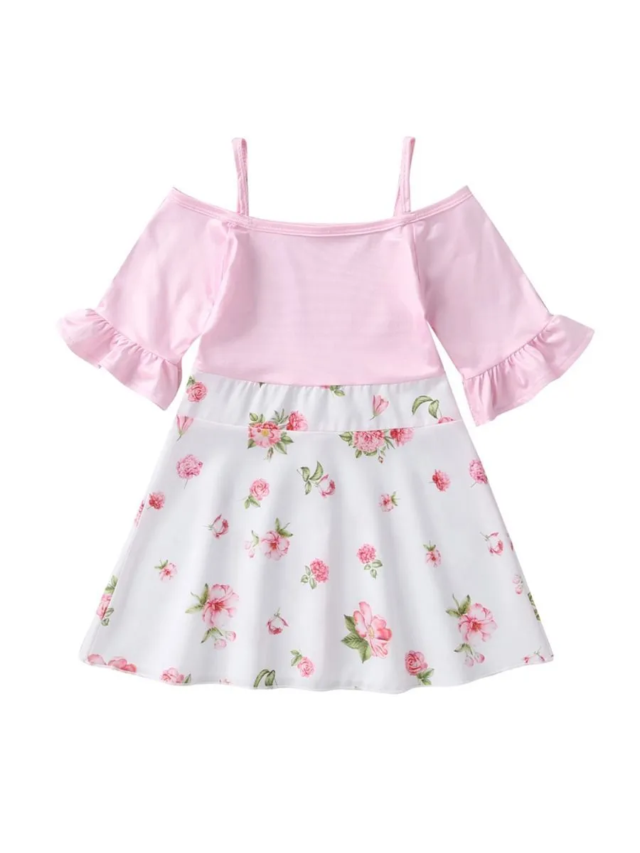 Ruffle Sleeved Flower Patchwork Girls Slip Dress