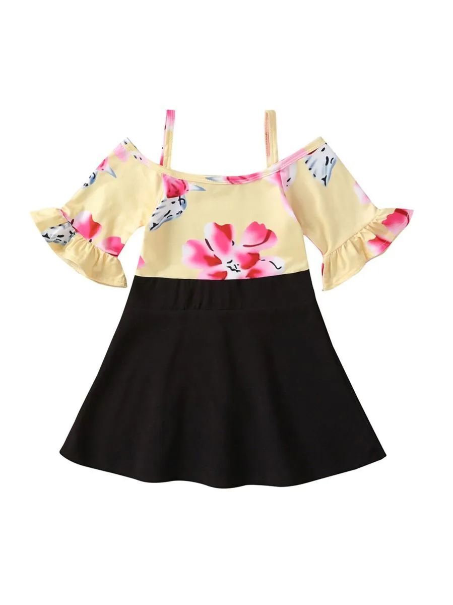Ruffle Sleeved Flower Patchwork Girls Slip Dress