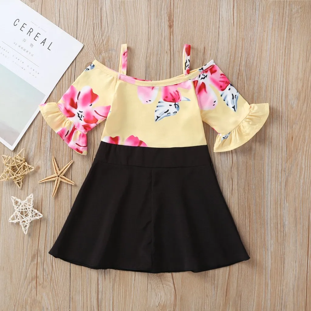 Ruffle Sleeved Flower Patchwork Girls Slip Dress
