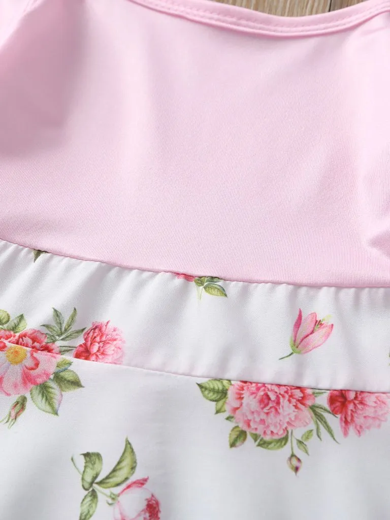 Ruffle Sleeved Flower Patchwork Girls Slip Dress