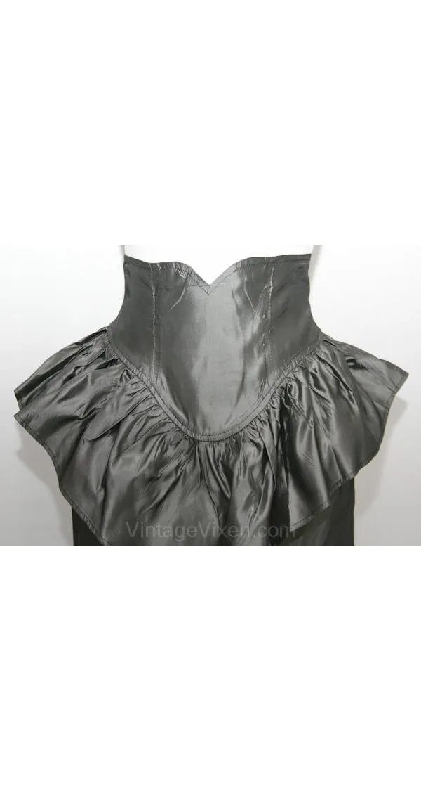 Size 4 Club Dress - 1990s Steel Gray Taffeta Party Dress - Flirty Cropped Jacket & Mini Skirt - Young Edwardian - Gunmetal - Bust 33 - 37409