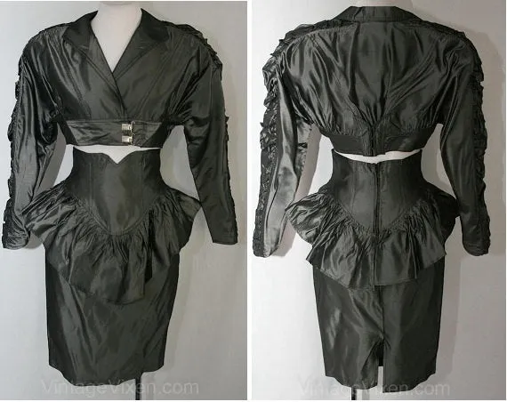 Size 4 Club Dress - 1990s Steel Gray Taffeta Party Dress - Flirty Cropped Jacket & Mini Skirt - Young Edwardian - Gunmetal - Bust 33 - 37409