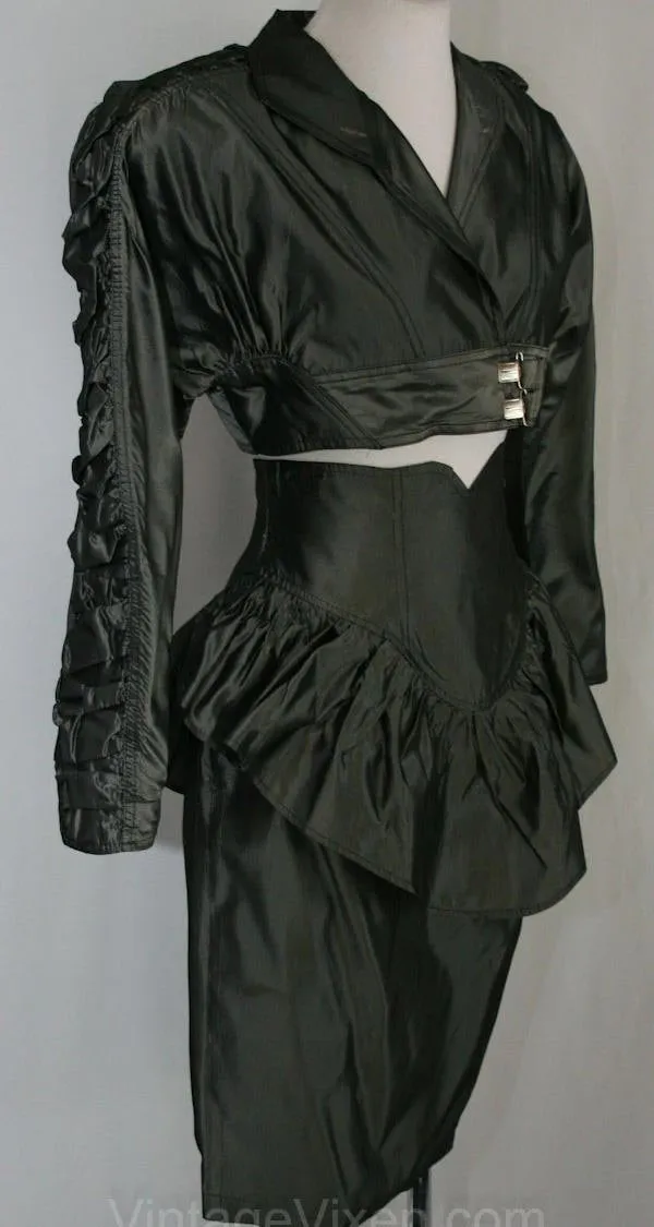 Size 4 Club Dress - 1990s Steel Gray Taffeta Party Dress - Flirty Cropped Jacket & Mini Skirt - Young Edwardian - Gunmetal - Bust 33 - 37409