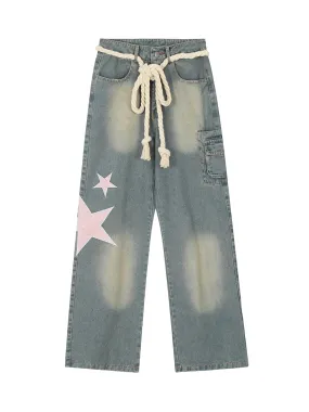Sneakerhill Pentagram Embroidered Loose Straight Leg Pants